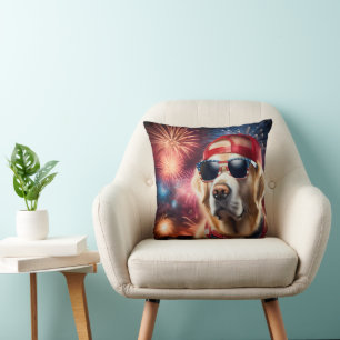 Patriotic Golden Retriever With Fireworks Throw Pillow