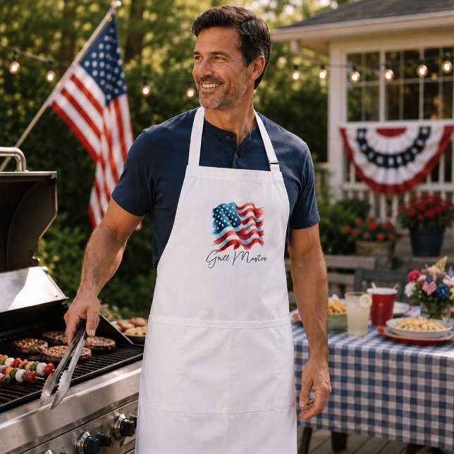 Patriotic Grill Master American Flag Standard Apron (Patriotic grill master apron with watercolor American flag at festive backyard BBQ cookout)