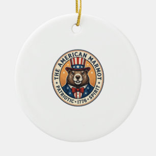 Patriotic Groundhog Vintage Engraving Shirt Design Ceramic Ornament