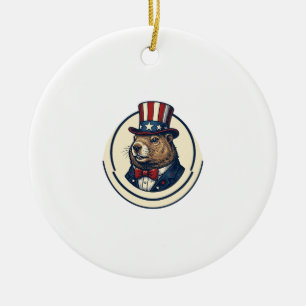 Patriotic Groundhog Vintage Engraving Shirt Design Ceramic Ornament