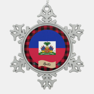Patriotic Haiti, Red buffalo plaid, Haitian Flag Snowflake Pewter Christmas Ornament