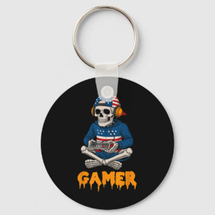 Patriotic Halloween Skeleton Gamer Funny Skeleton Keychain