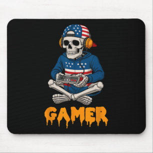 Patriotic Halloween Skeleton Gamer Funny Skeleton Mouse Pad