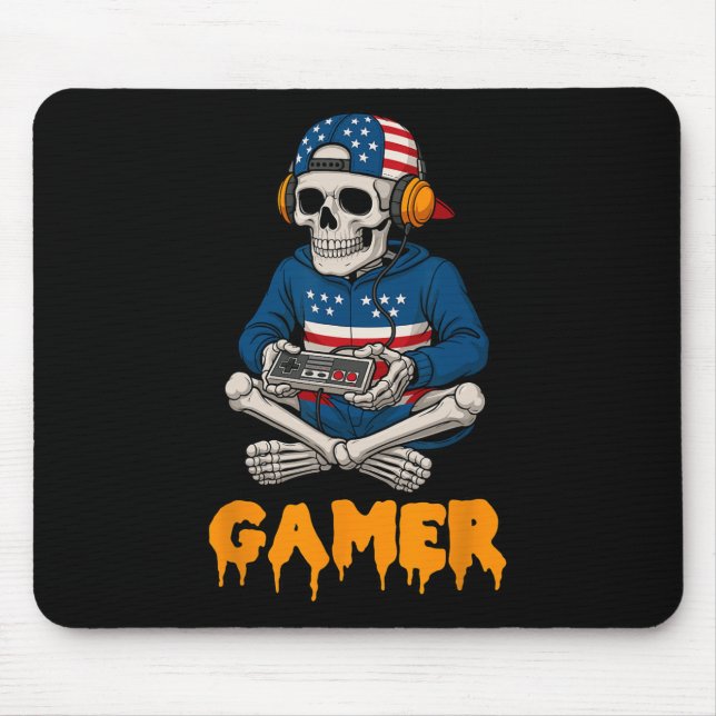 Patriotic Halloween Skeleton Gamer Funny Skeleton  Mouse Pad (Front)