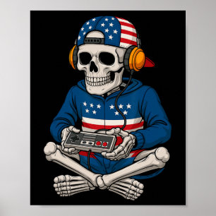 Patriotic Halloween Skeleton Gamer Funny Skeleton Poster