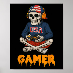 Patriotic Halloween Skeleton Gamer Funny Skeleton Poster