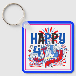 Patriotic Happy 4th of July Celebration Design Keychain