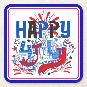 Patriotic Happy 4th of July Celebration Design Square Paper Coaster