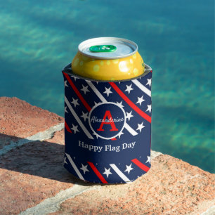 Patriotic Happy Flag day Red White and Blue stripe Can Cooler