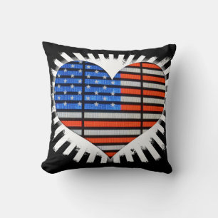 Patriotic Heart Shaped American Flag Neon Throw Pillow