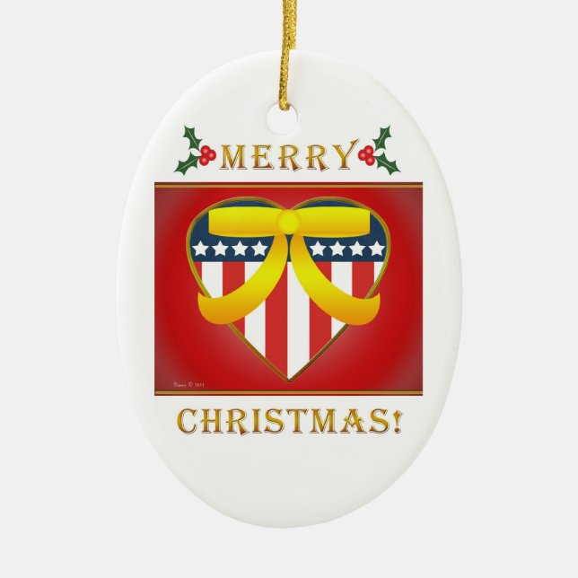 Patriotic Heart  Yellow Ribbon Round Ornament (Front)