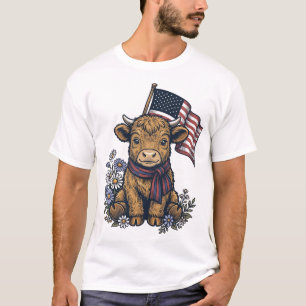 Patriotic Highland Calf with Flag Vintage Vector_1 T-Shirt