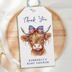 Patriotic Highland Cow 4th of July Baby Shower Gift Tags