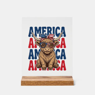 Patriotic Highland Cow America Vintage Shirt Desig Acrylic Sign