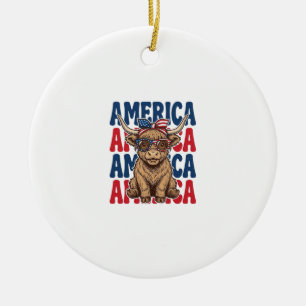 Patriotic Highland Cow America Vintage Shirt Desig Ceramic Ornament