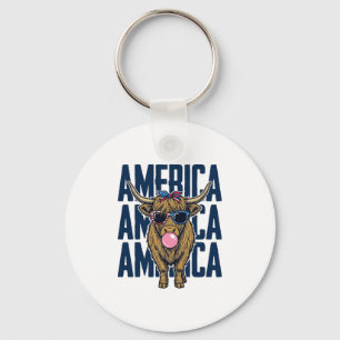 Patriotic Highland Cow America Vintage T-Shirt Des Keychain