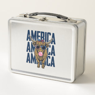 Patriotic Highland Cow America Vintage T-Shirt Des Metal Lunch Box