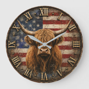 Patriotic Highland Cow American Flag Rustic Large Clock