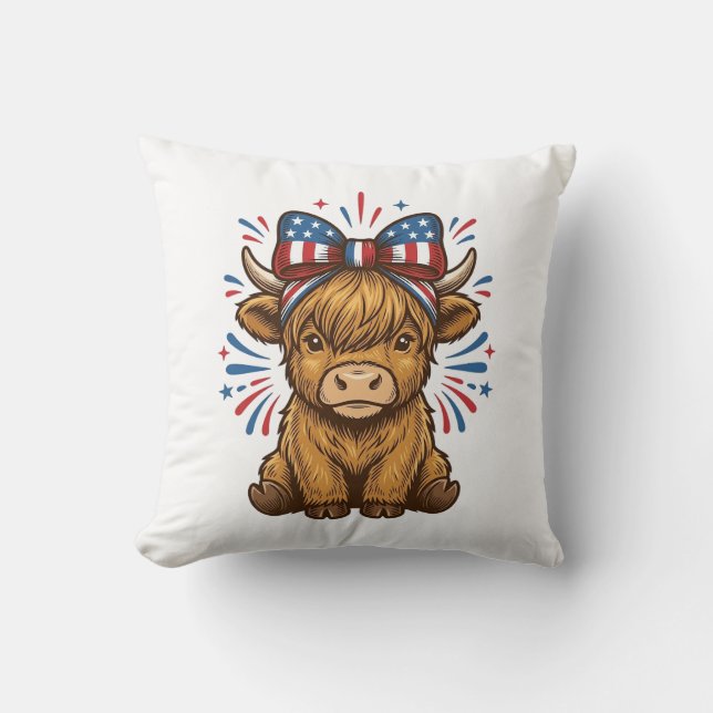 Patriotic Highland Cow Bow Vector Design (2)_1 Throw Pillow (Front)