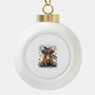 Patriotic Highland Cow Bubblegum Vintage Engraving Ceramic Ball Christmas Ornament
