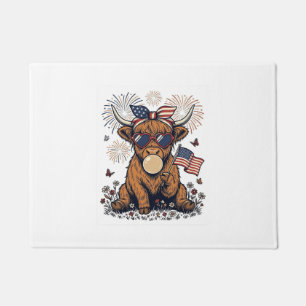 Patriotic Highland Cow Bubblegum Vintage Engraving Doormat