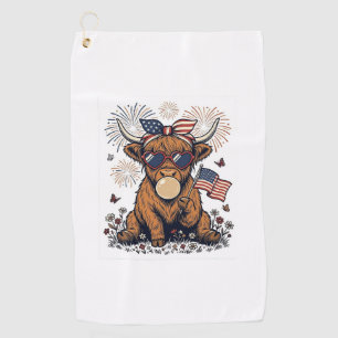 Patriotic Highland Cow Bubblegum Vintage Engraving Golf Towel