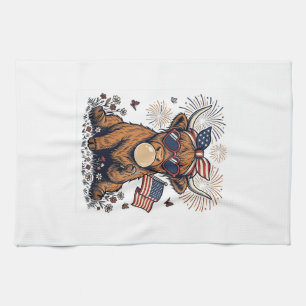 Patriotic Highland Cow Bubblegum Vintage Engraving Kitchen Towel