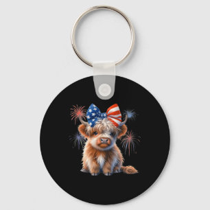 Patriotic Highland Cow Coquette 4th Of July Farmer Keychain