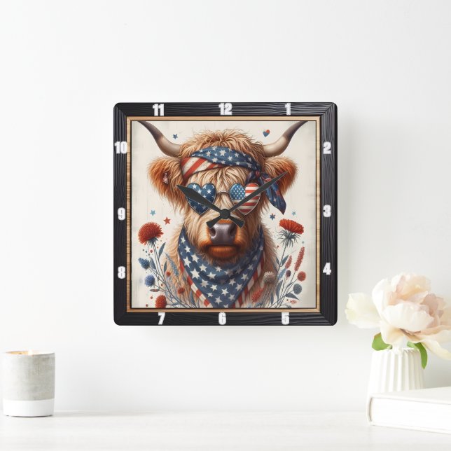 Patriotic Highland Cow Heart Wall Square Wall Clock (Home)