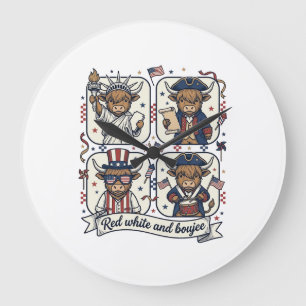 Patriotic Highland Cow Red White and Boujee Large Clock