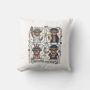 Patriotic Highland Cow Red White and Boujee Throw Pillow
