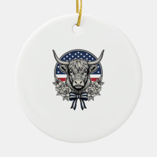 Patriotic Highland Cow Vintage Engraving Art_1 Ceramic Ornament