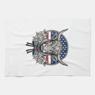 Patriotic Highland Cow Vintage Engraving Art_1 Kitchen Towel