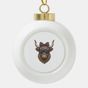 Patriotic Highland Cow Vintage Engraving Design_1 Ceramic Ball Christmas Ornament