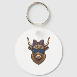 Patriotic Highland Cow Vintage Engraving Design_1 Keychain