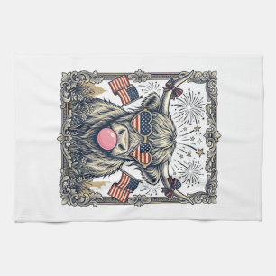 Patriotic Highland Cow Vintage Engraving Design_1 Kitchen Towel