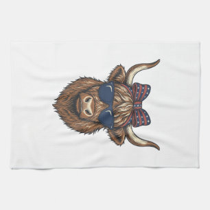 Patriotic Highland Cow Vintage Engraving Design_1 Kitchen Towel