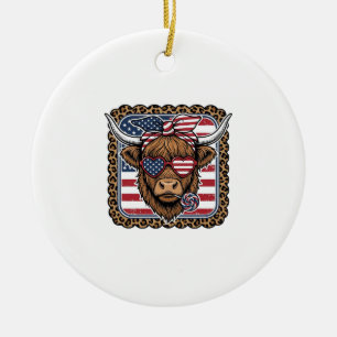 Patriotic Highland Cow Vintage Engraving Design (2 Ceramic Ornament