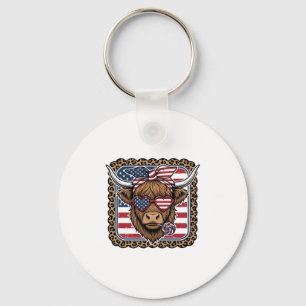 Patriotic Highland Cow Vintage Engraving Design (2 Keychain