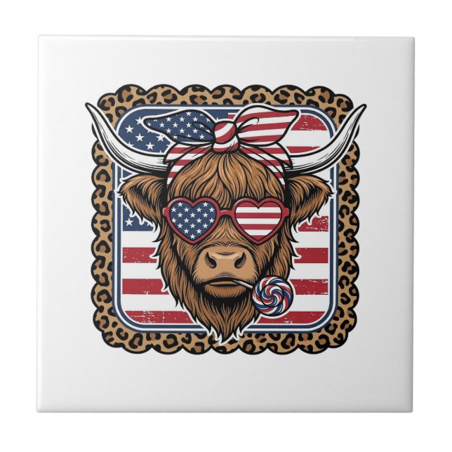 Patriotic Highland Cow Vintage Engraving Design (2 Tile (Front)
