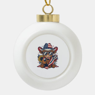 Patriotic Highland Cow Vintage Engraving Shirt Des Ceramic Ball Christmas Ornament