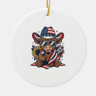 Patriotic Highland Cow Vintage Engraving Shirt Des Ceramic Ornament