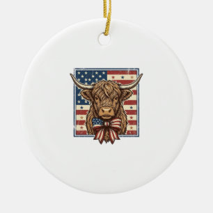 Patriotic Highland Cow Vintage Engraving Shirt Des Ceramic Ornament