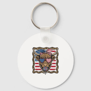 Patriotic Highland Cow Vintage Flag Graphic_1 Keychain