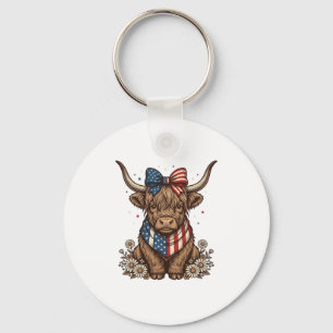 Patriotic Highland Cow Vintage Keychain