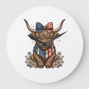 Patriotic Highland Cow Vintage Large Clock