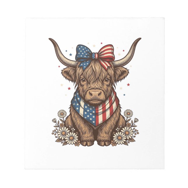Patriotic Highland Cow Vintage Notepad (Front)