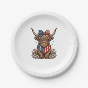 Patriotic Highland Cow Vintage Paper Plate