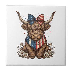 Patriotic Highland Cow Vintage Tile