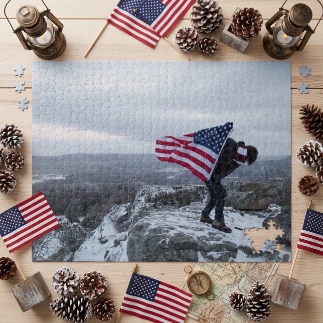Patriotic Hiker Waving American Flag Jigsaw Puzzle (Creator Uploaded)